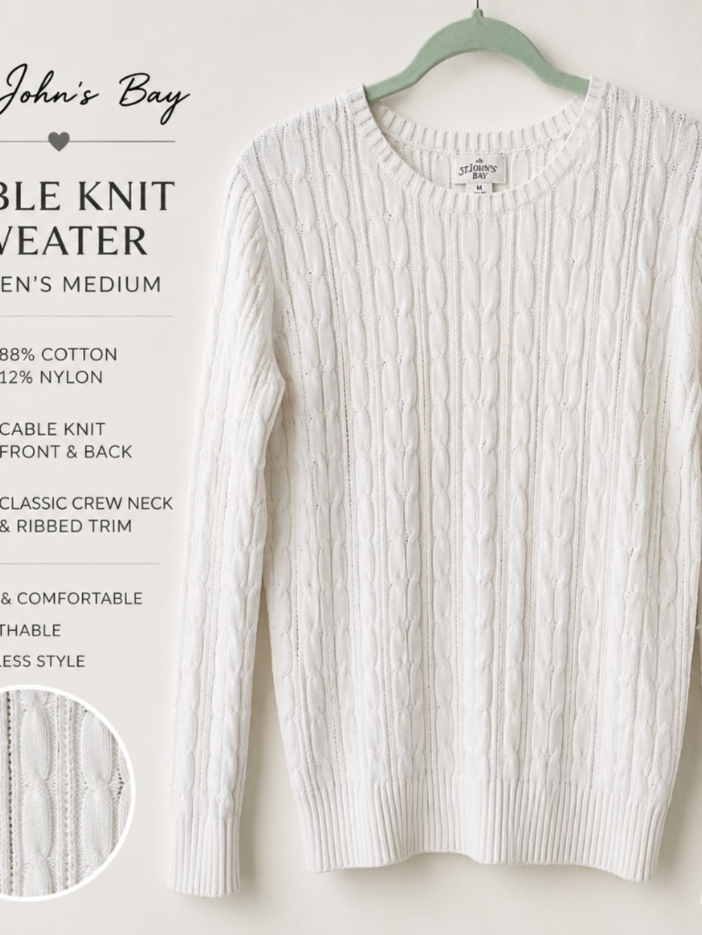 St. John’s Bay White Cable Knit Sweater Women’s Medium Crewneck